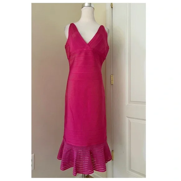 Herve Leger Pink Ruffled Bodycon Midi Dress - Picture 3 of 11